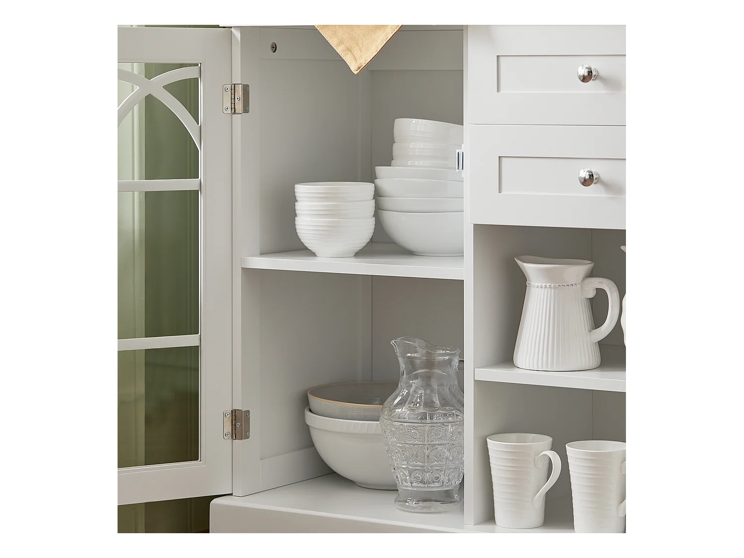 Buffet Commode Dressoir Armoire de Cuisine avec 2 Portes Vitrées, 2 Tiroirs, 2 Compartiment, FSB79-W