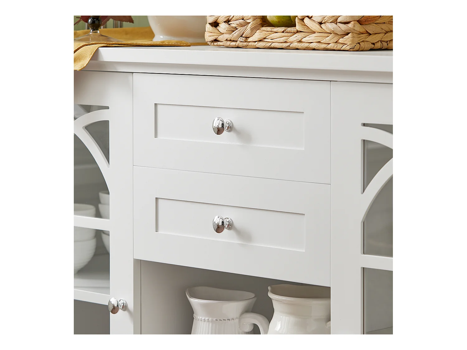 Buffet Commode Dressoir Armoire de Cuisine avec 2 Portes Vitrées, 2 Tiroirs, 2 Compartiment, FSB79-W
