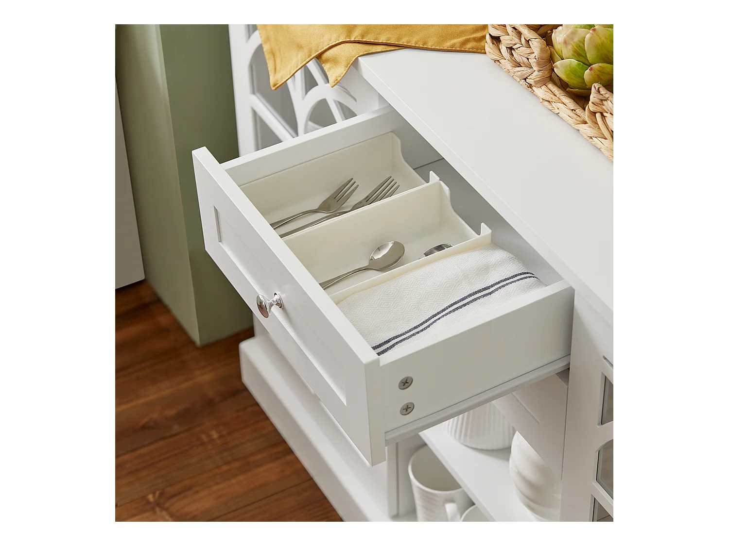 Buffet Commode Dressoir Armoire de Cuisine avec 2 Portes Vitrées, 2 Tiroirs, 2 Compartiment, FSB79-W