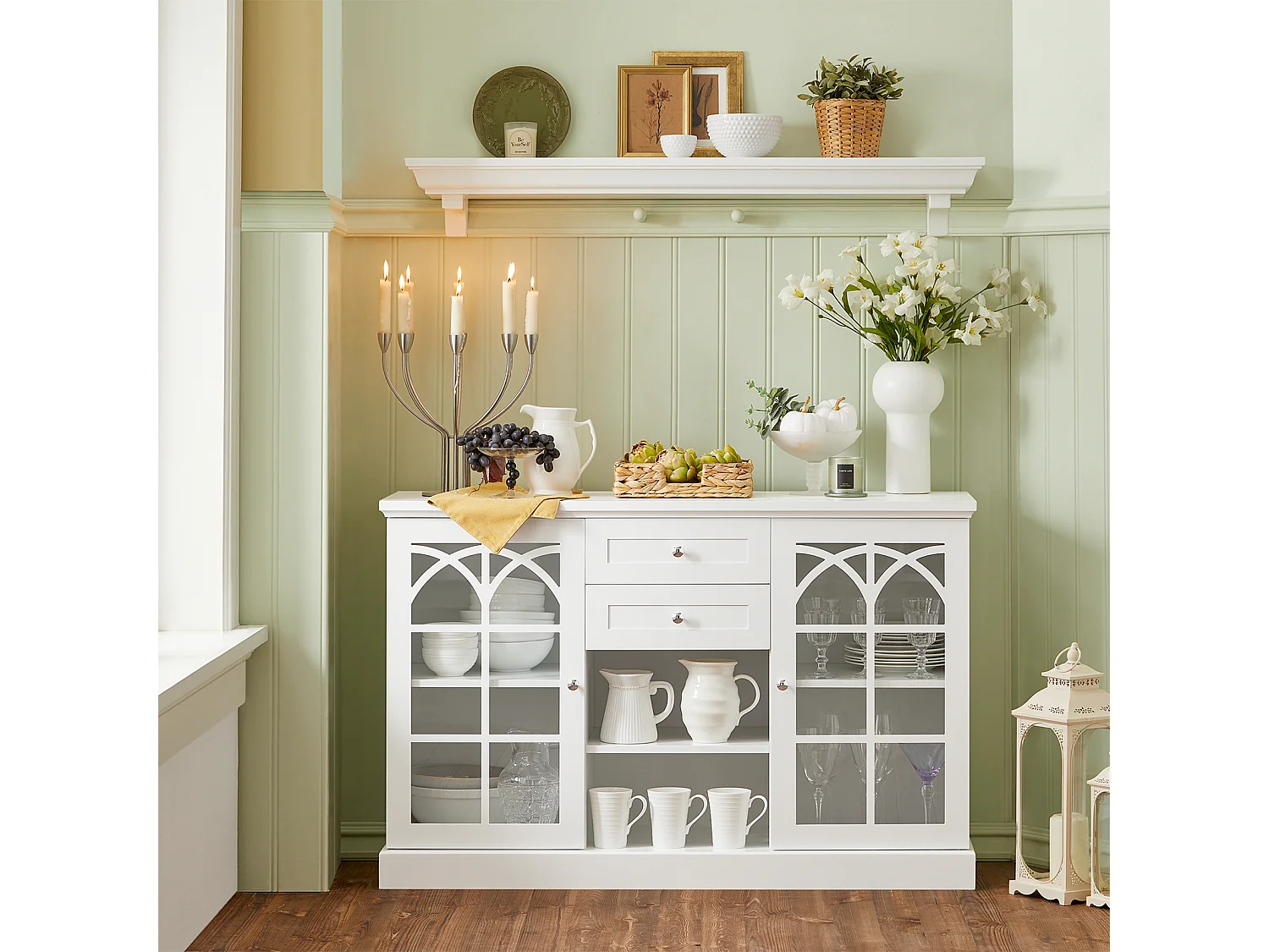 Buffet Commode Dressoir Armoire de Cuisine avec 2 Portes Vitrées, 2 Tiroirs, 2 Compartiment, FSB79-W