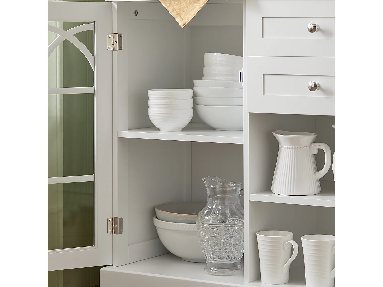 Buffet Commode Dressoir Armoire de Cuisine avec 2 Portes Vitrées, 2 Tiroirs, 2 Compartiment, FSB79-W