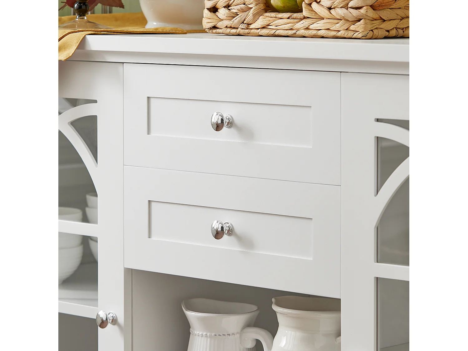 Buffet Commode Dressoir Armoire de Cuisine avec 2 Portes Vitrées, 2 Tiroirs, 2 Compartiment, FSB79-W