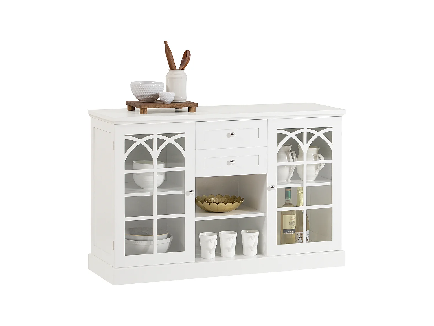 SoBuy FSB79-W Dressoir Ladekast Keukenkast met 2 Glazen Deuren, 2 Lades en 2 Planken, Opbergkast
