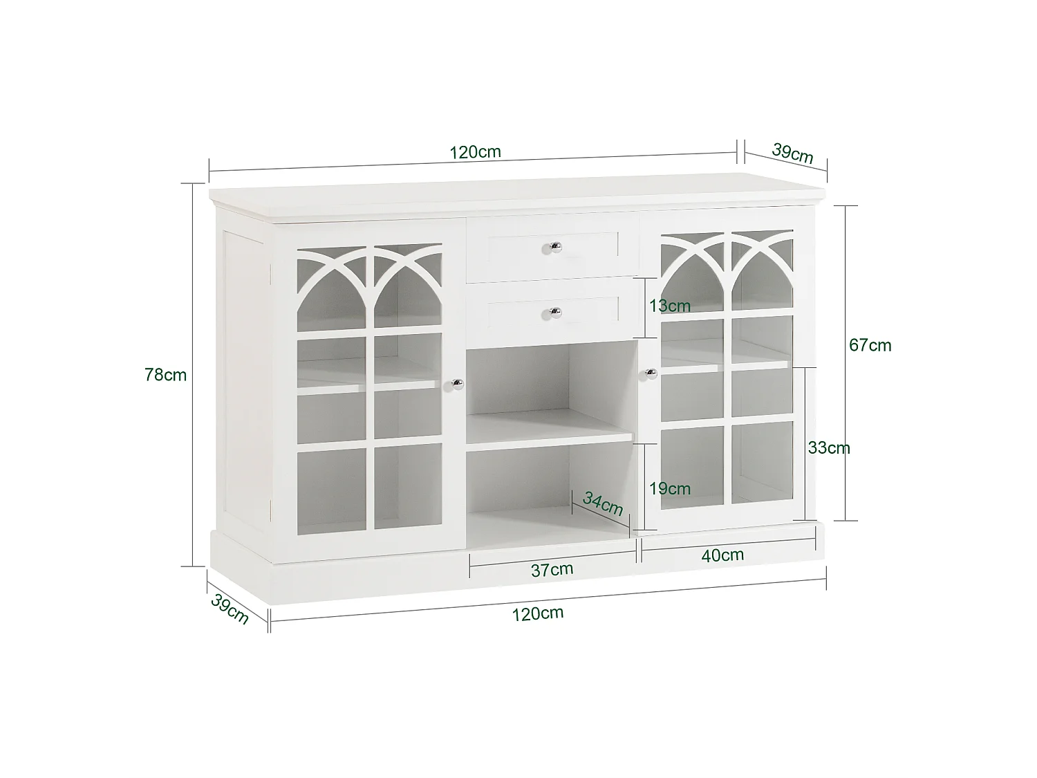 SoBuy FSB79-W Dressoir Ladekast Keukenkast met 2 Glazen Deuren, 2 Lades en 2 Planken, Opbergkast