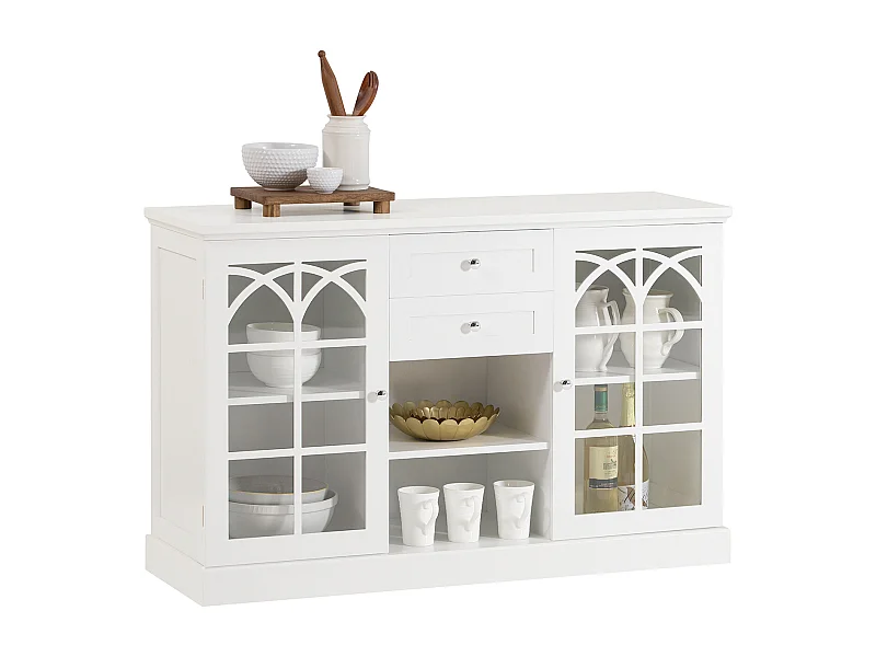 SoBuy FSB79-W Dressoir Ladekast Keukenkast met 2 Glazen Deuren, 2 Lades en 2 Planken, Opbergkast