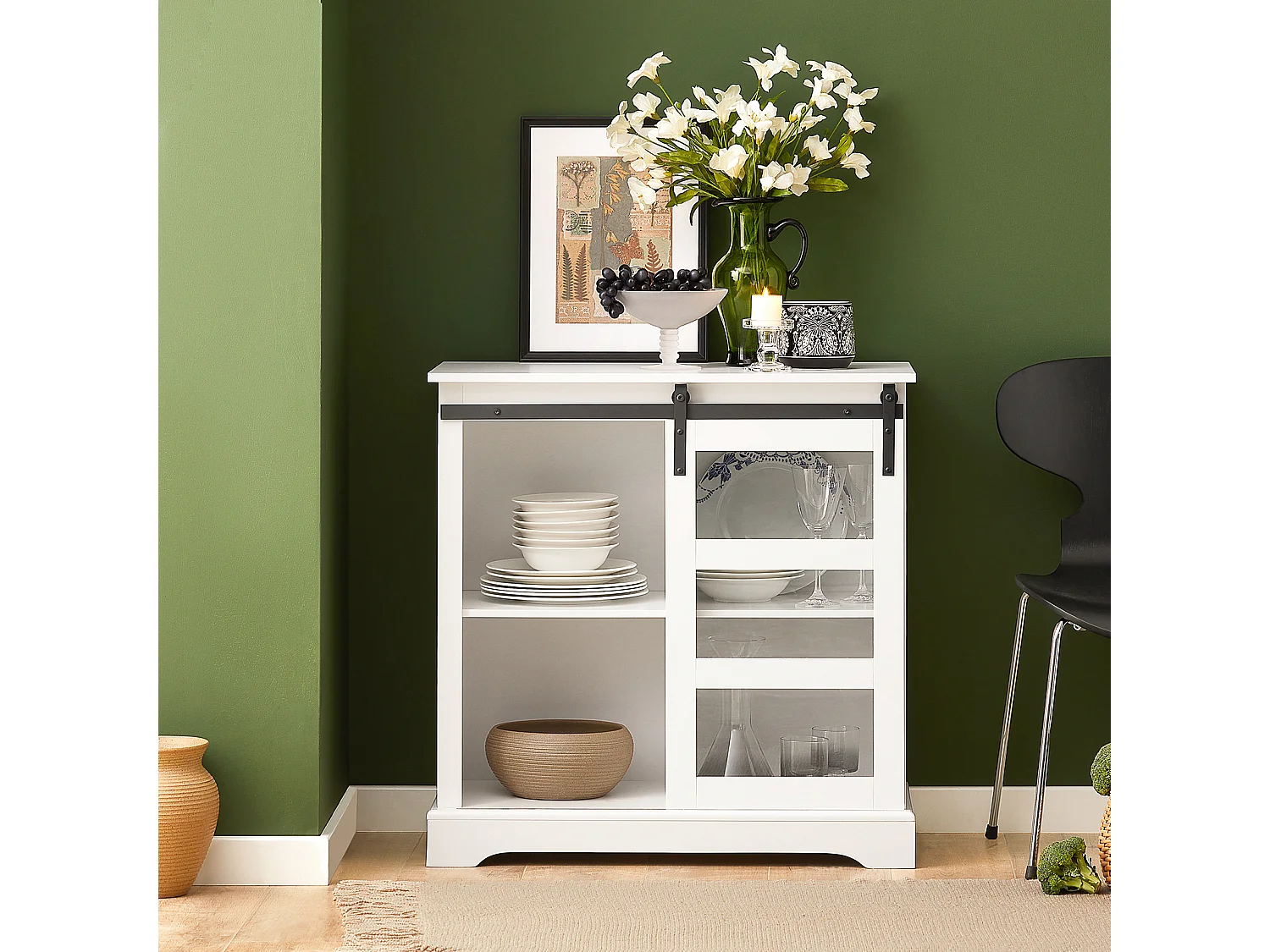 Buffet Commode avec Porte de Grange Coulissante à 2 Niveaux, FSB46-W