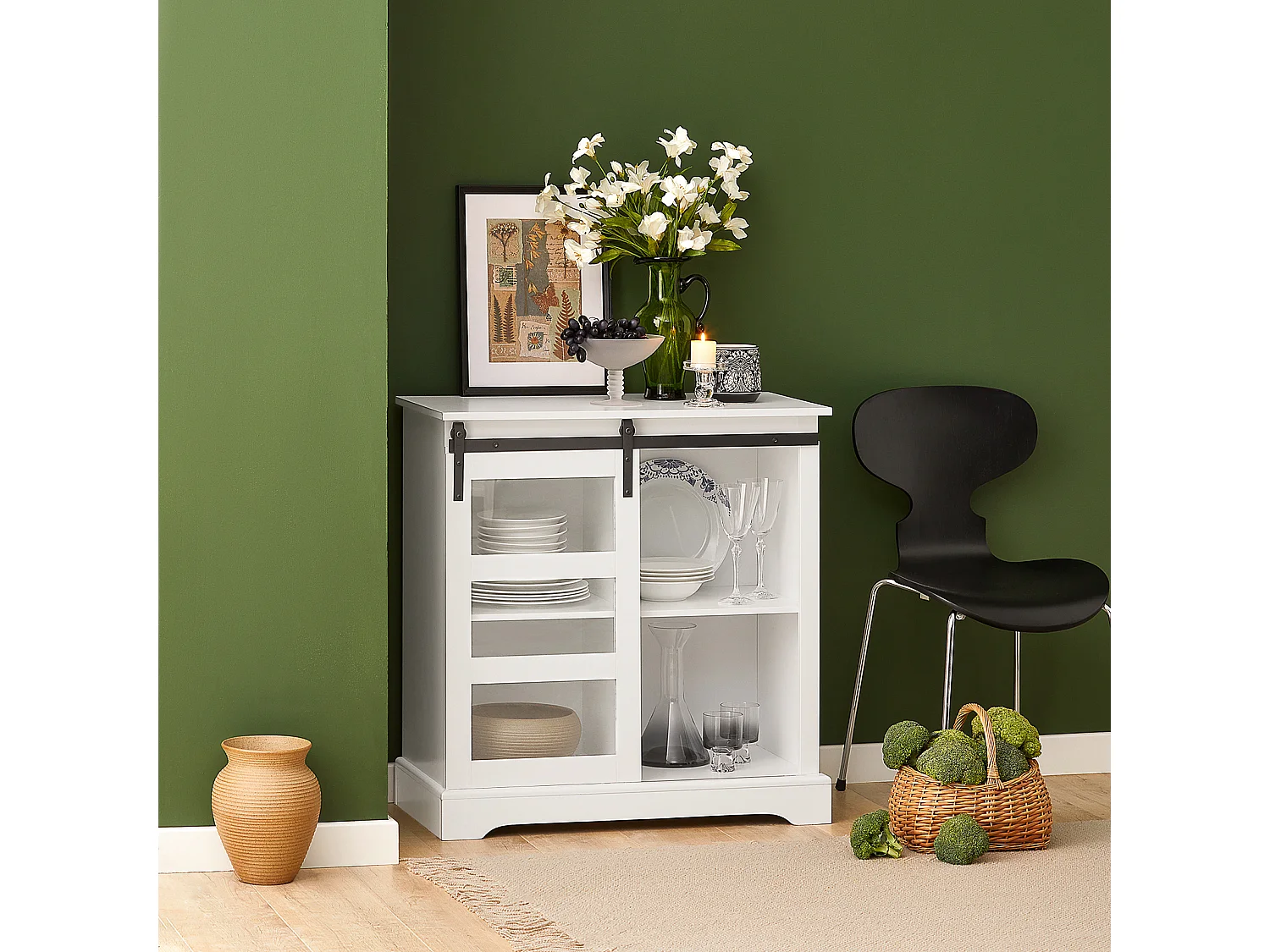 Buffet Commode avec Porte de Grange Coulissante à 2 Niveaux, FSB46-W