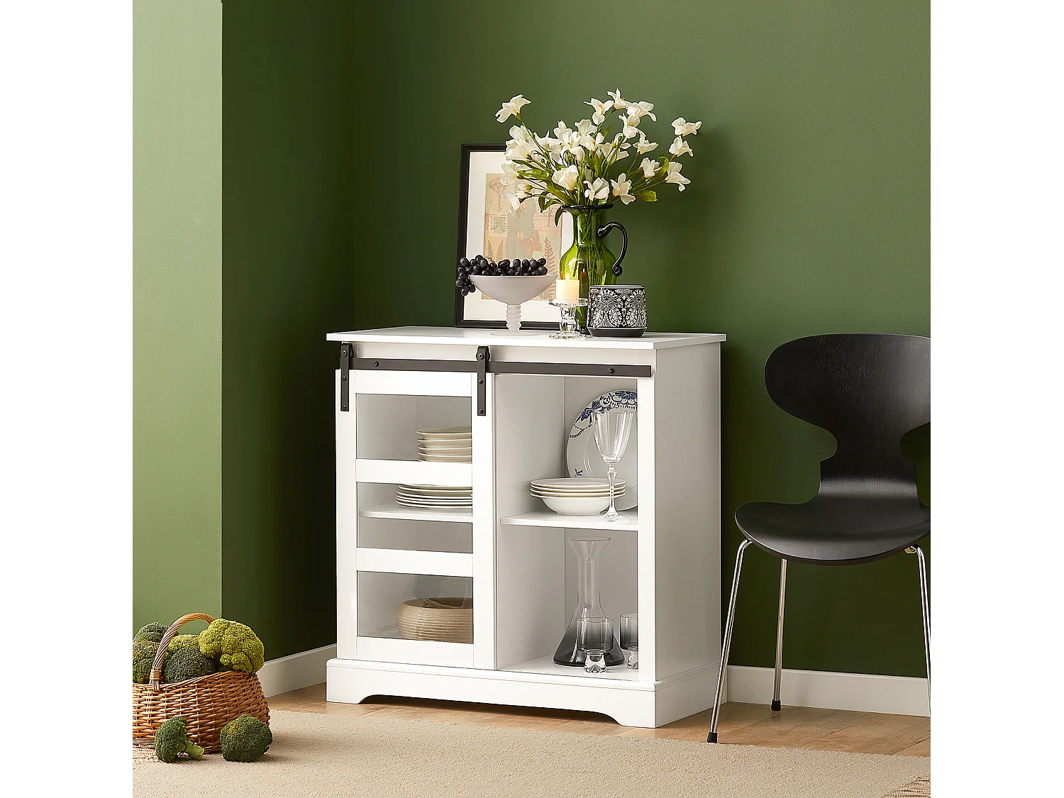 Buffet Commode avec Porte de Grange Coulissante à 2 Niveaux, FSB46-W