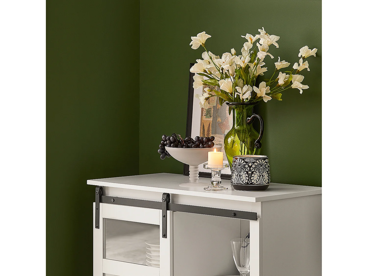 Buffet Commode avec Porte de Grange Coulissante à 2 Niveaux, FSB46-W