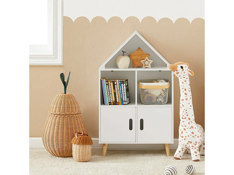 Librería Infantil con 2 Estanterías Abiertos Organizador de Juguetes Multifuncional con 2 Puertas 60 x30 x 103 cm Blanco KMB58-W SoBuy ES