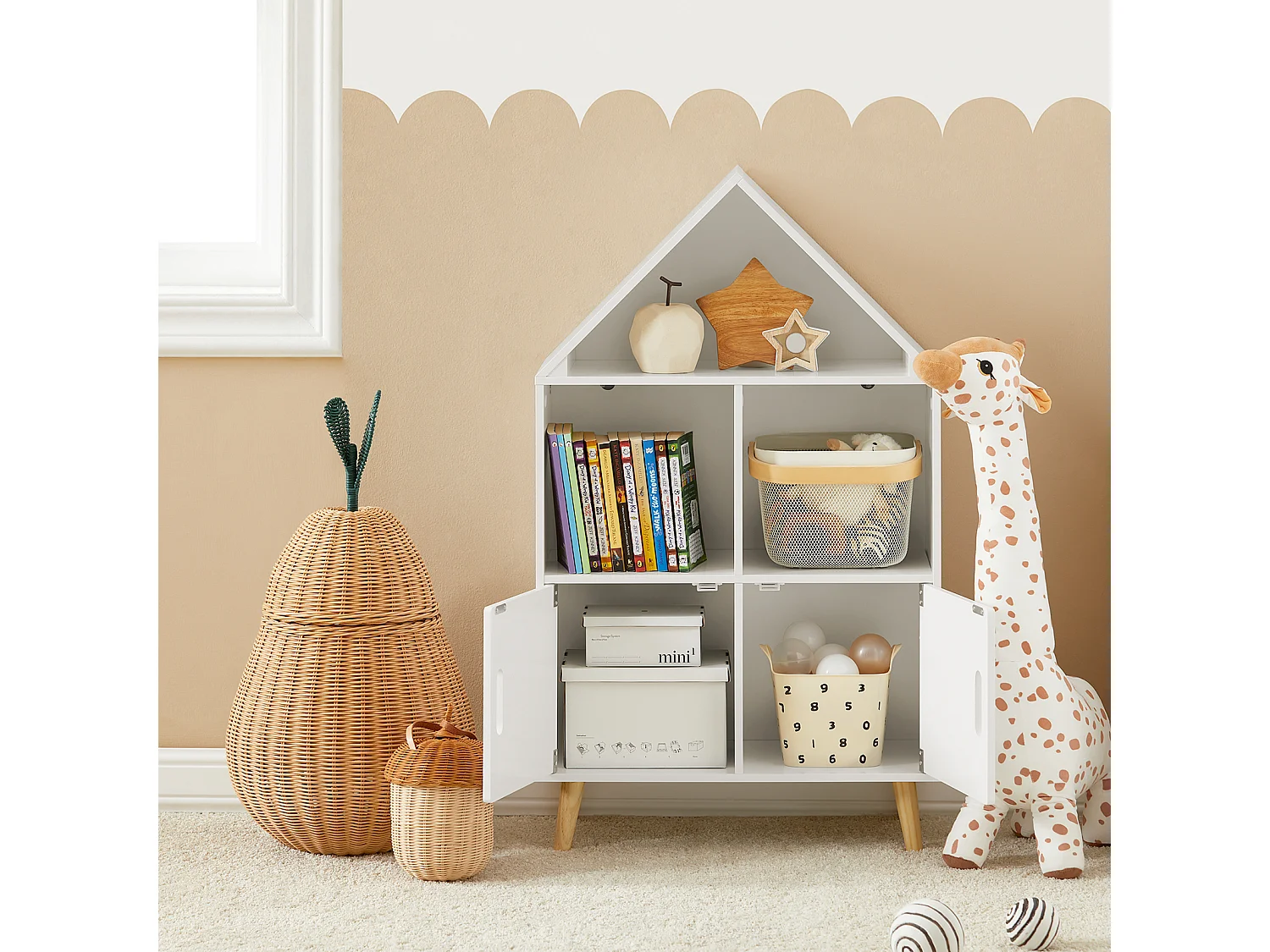 Librería Infantil con 2 Estanterías Abiertos Organizador de Juguetes Multifuncional con 2 Puertas 60 x30 x 103 cm Blanco KMB58-W SoBuy ES