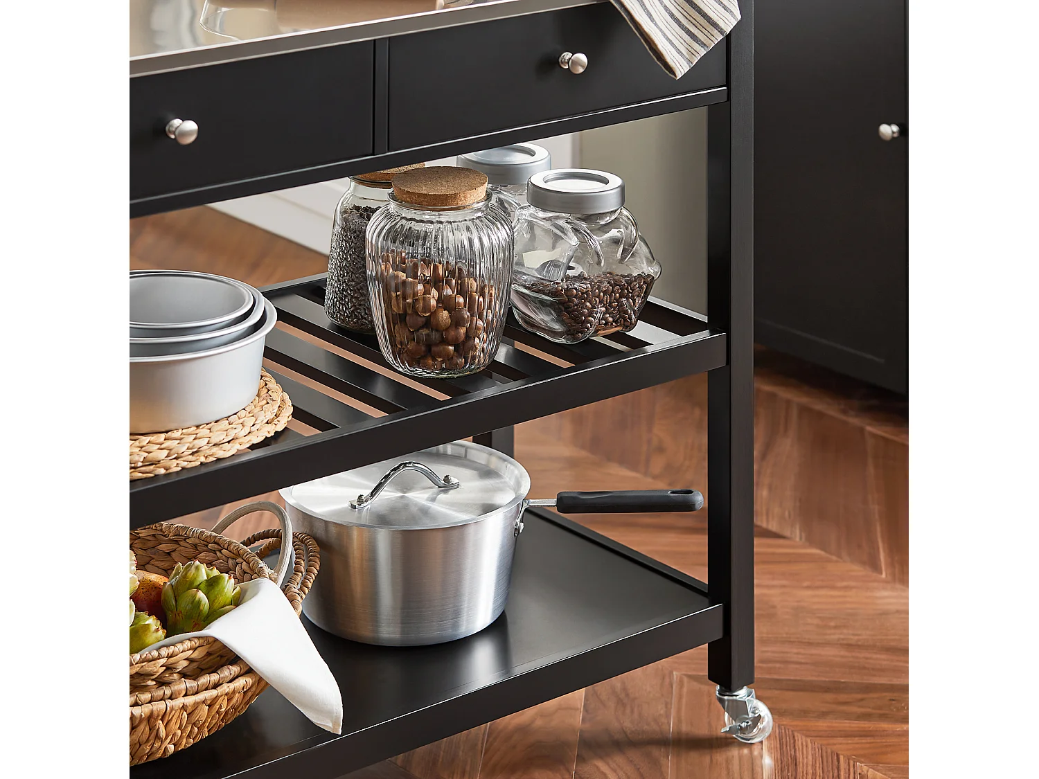 SoBuy FKW47-SCH Keukentrolley met roestvrij stalen plaat gangkast sideboard bijzettafel