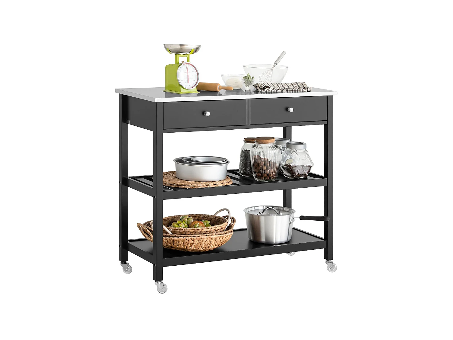 Desserte Roulante Chariot de Cuisine de 2 étages avec Grand Plan de Travail en Acier INOX, FKW47-SCH