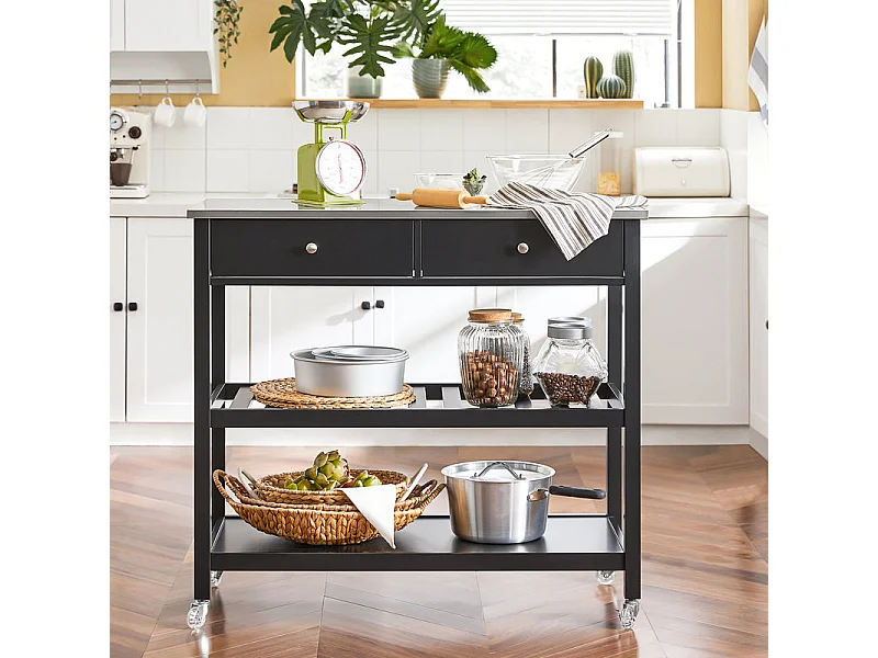 Desserte Roulante Chariot de Cuisine de 2 étages avec Grand Plan de Travail en Acier INOX, FKW47-SCH