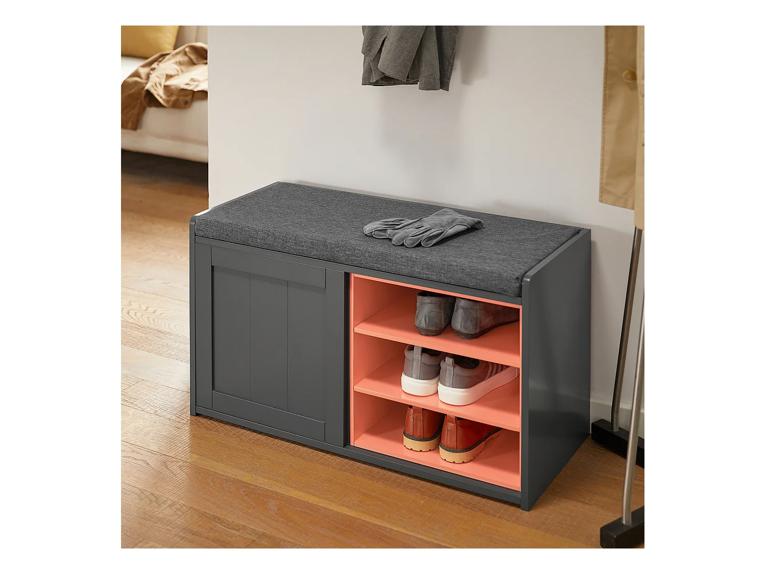 SoBuy FSR109-HG Schoenenbank Schoenenkast Schoenenkist Hal met gewatteerd kussen en verwijderbare plank - 80x36x43cm