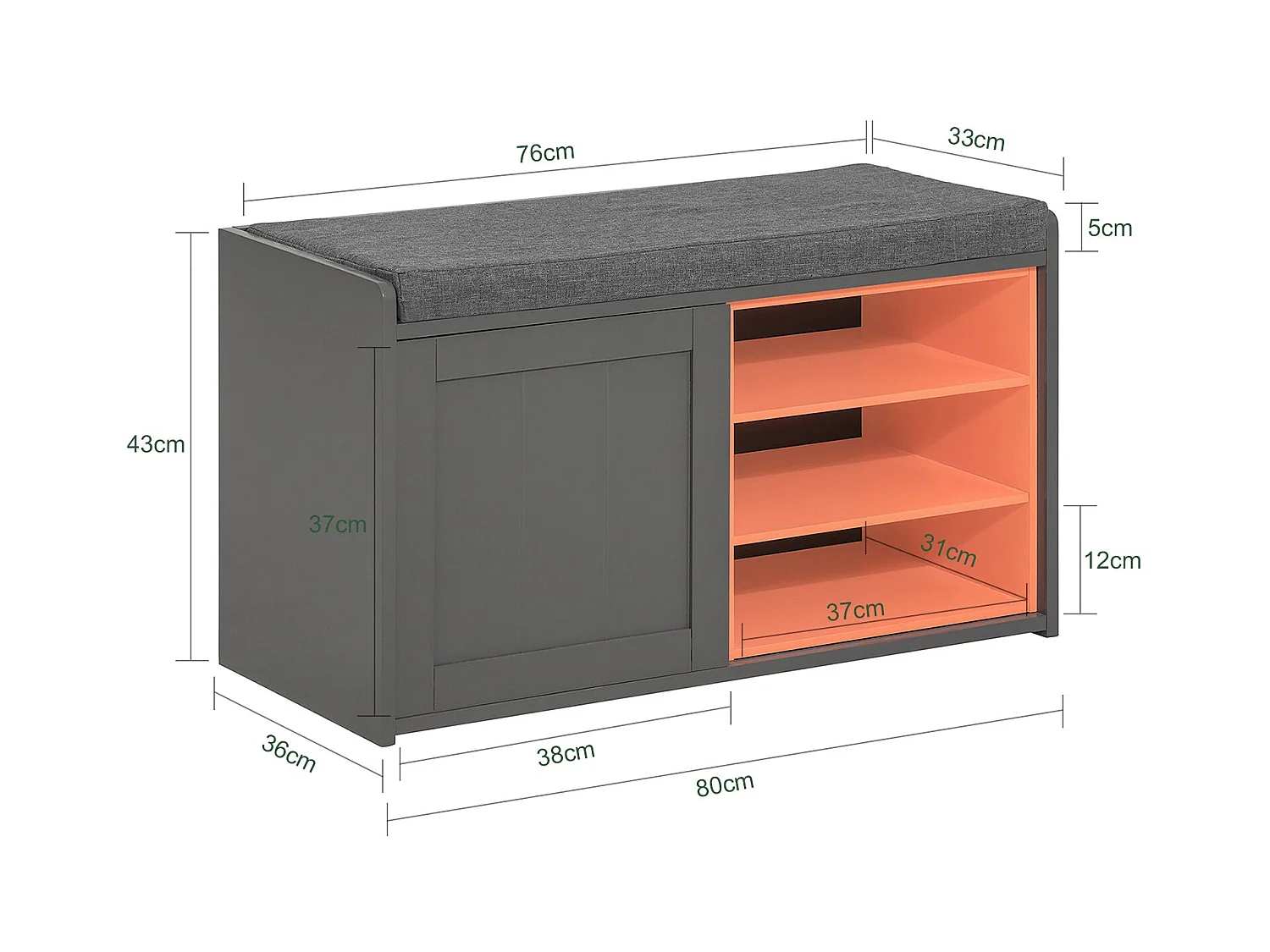 SoBuy FSR109-HG Schoenenbank Schoenenkast Schoenenkist Hal met gewatteerd kussen en verwijderbare plank - 80x36x43cm