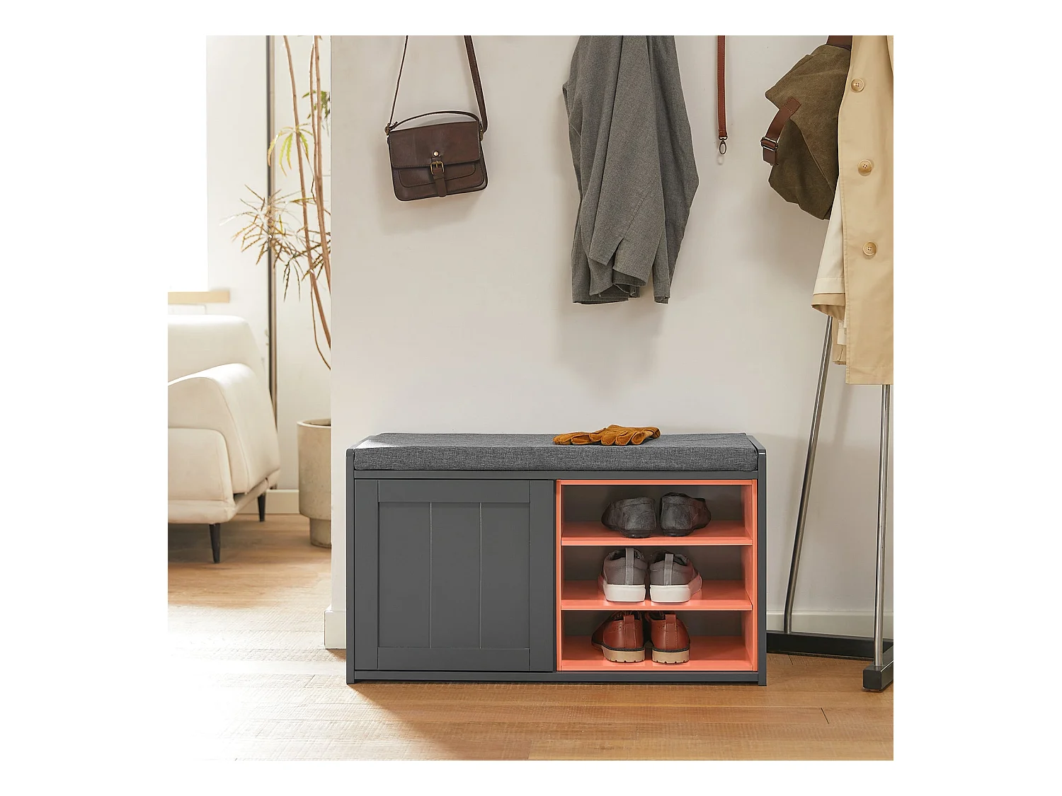 SoBuy FSR109-HG Schoenenbank Schoenenkast Schoenenkist Hal met gewatteerd kussen en verwijderbare plank - 80x36x43cm