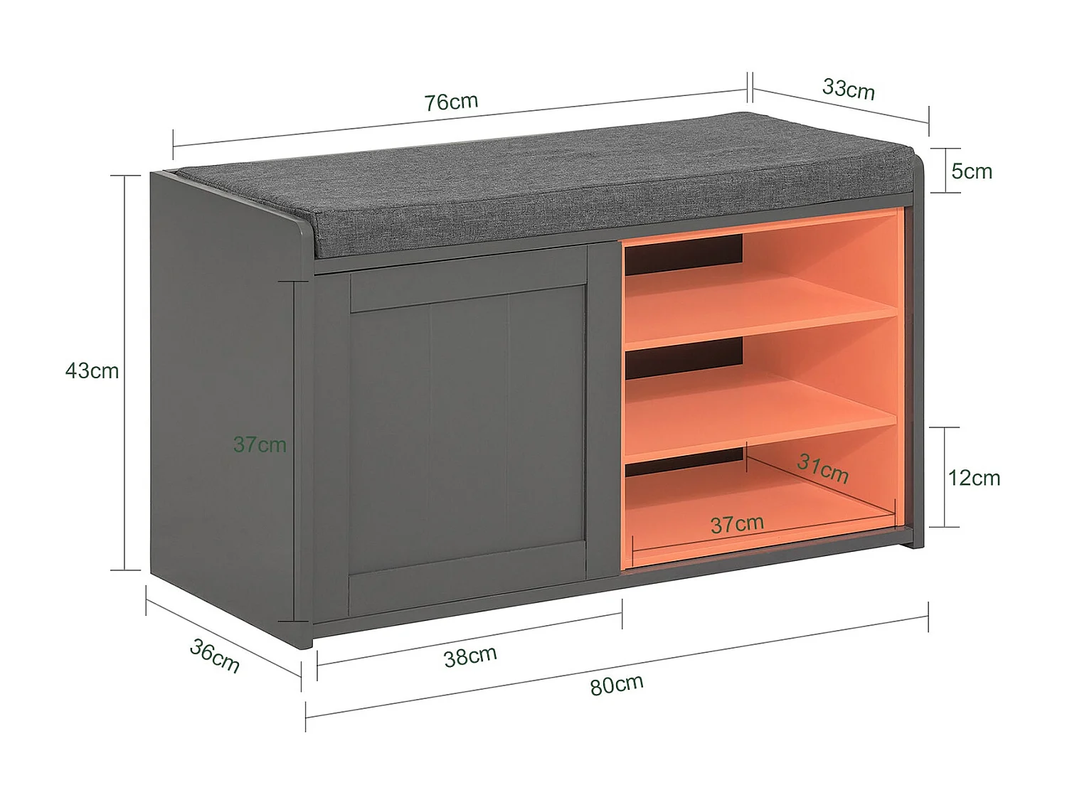 SoBuy FSR109-HG Schoenenbank Schoenenkast Schoenenkist Hal met gewatteerd kussen en verwijderbare plank - 80x36x43cm
