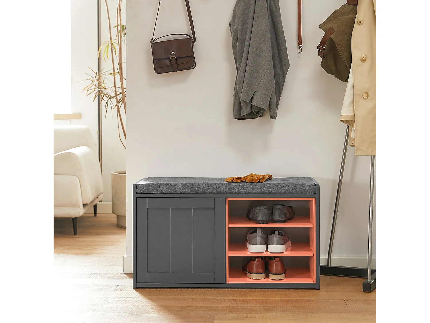 SoBuy FSR109-HG Schoenenbank Schoenenkast Schoenenkist Hal met gewatteerd kussen en verwijderbare plank - 80x36x43cm