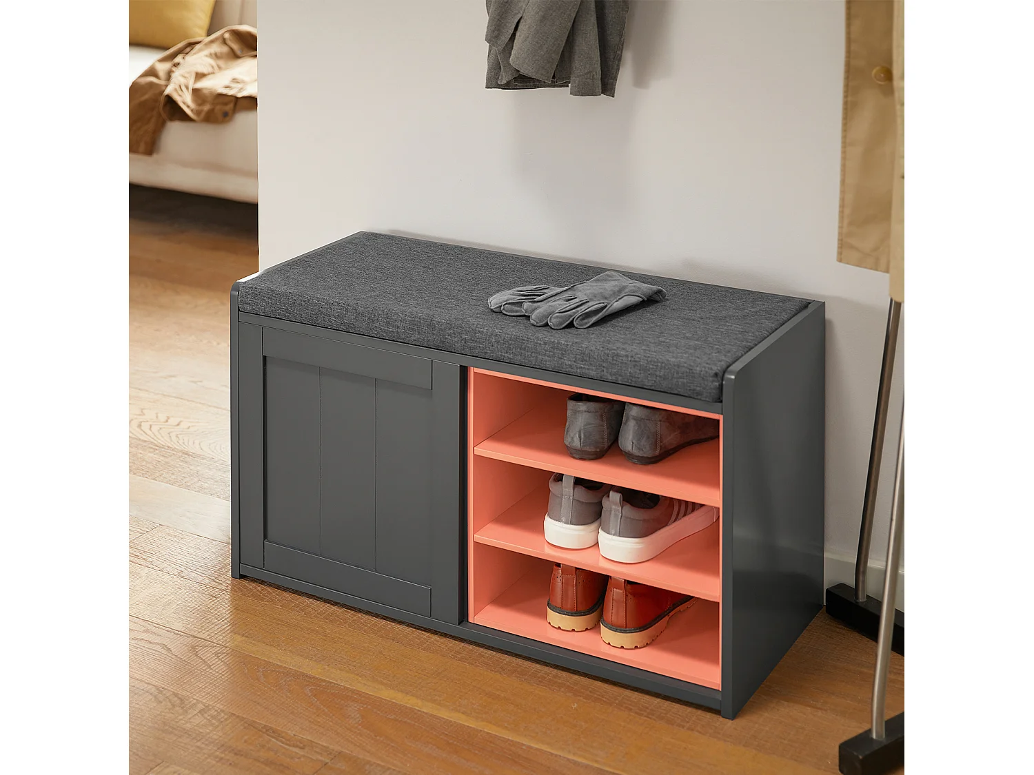 SoBuy FSR109-HG Schoenenbank Schoenenkast Schoenenkist Hal met gewatteerd kussen en verwijderbare plank - 80x36x43cm