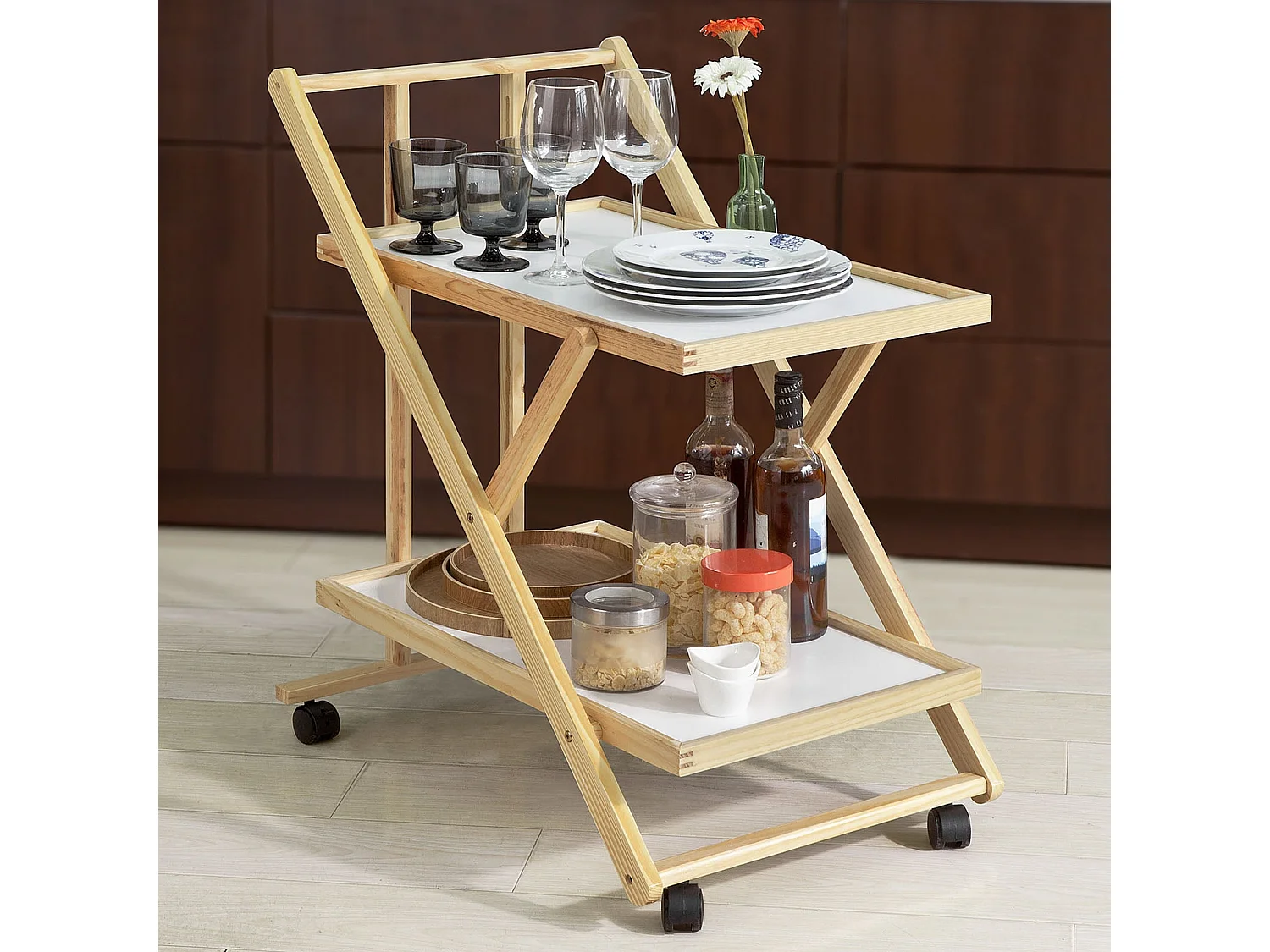 Chariot de service pliable sur roulettes 2 tablettes Desserte de cuisine roulante, FKW52-WN