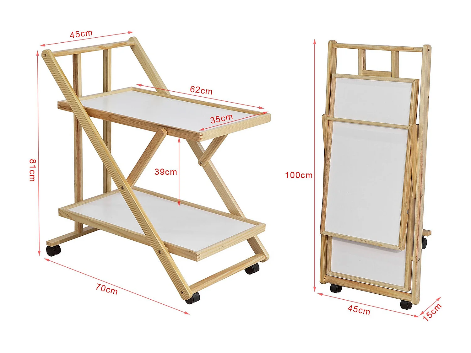 Chariot de service pliable sur roulettes 2 tablettes Desserte de cuisine roulante, FKW52-WN