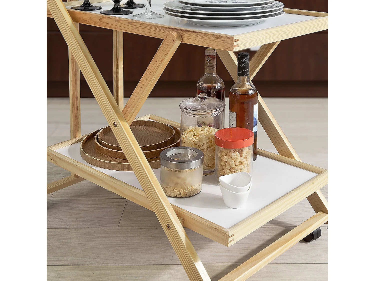 Chariot de service pliable sur roulettes 2 tablettes Desserte de cuisine roulante, FKW52-WN