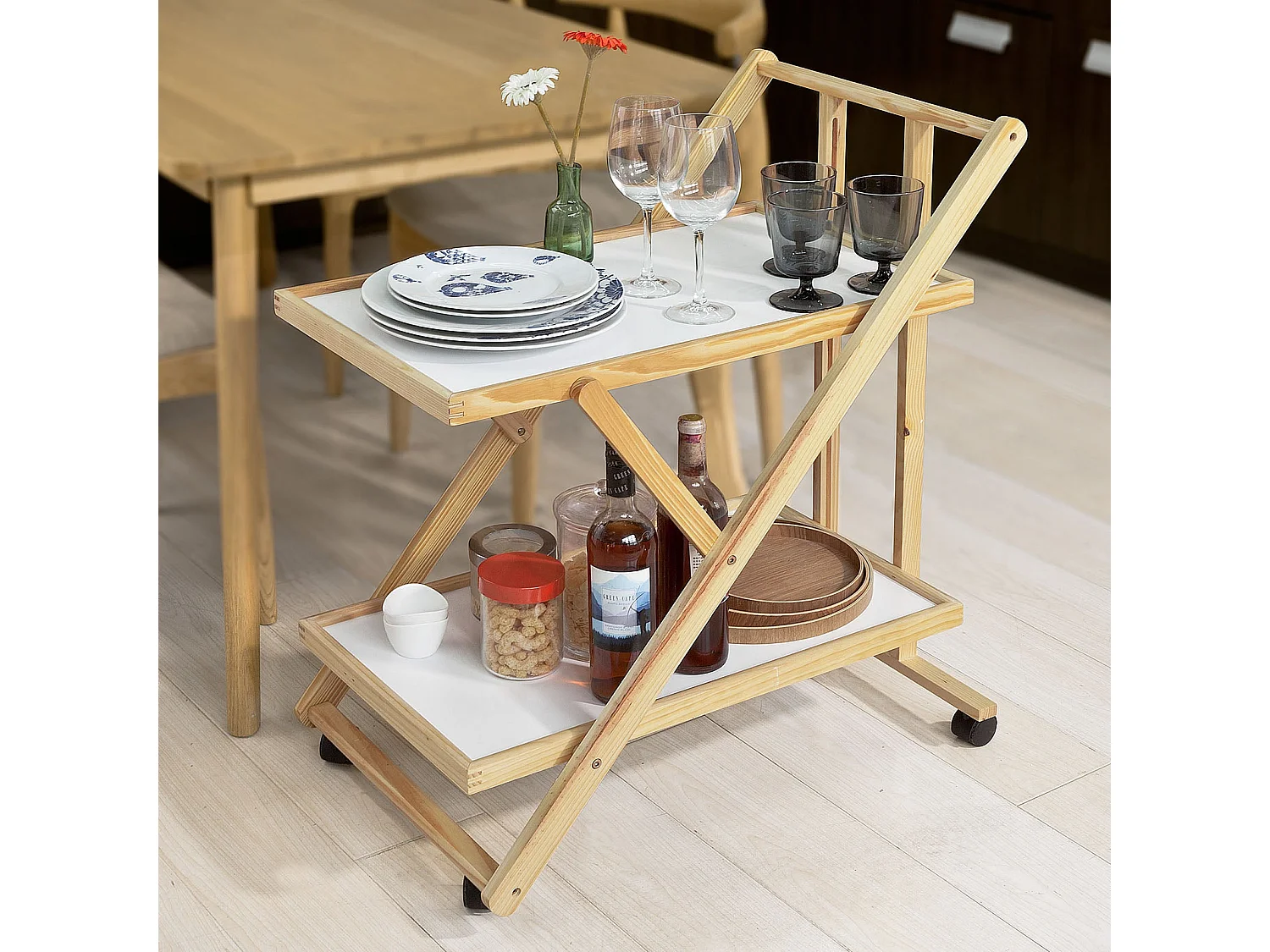 Chariot de service pliable sur roulettes 2 tablettes Desserte de cuisine roulante, FKW52-WN