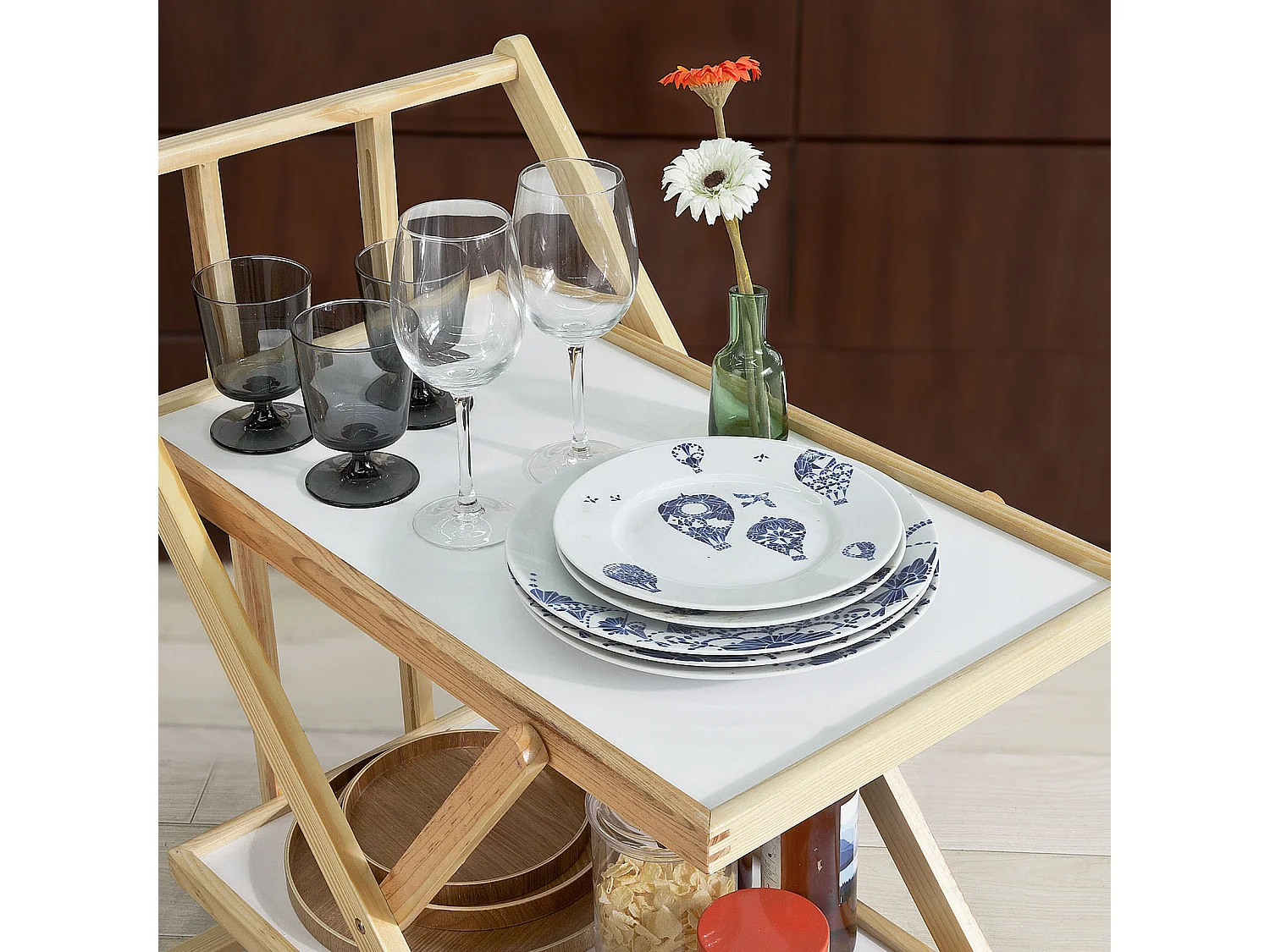 Chariot de service pliable sur roulettes 2 tablettes Desserte de cuisine roulante, FKW52-WN