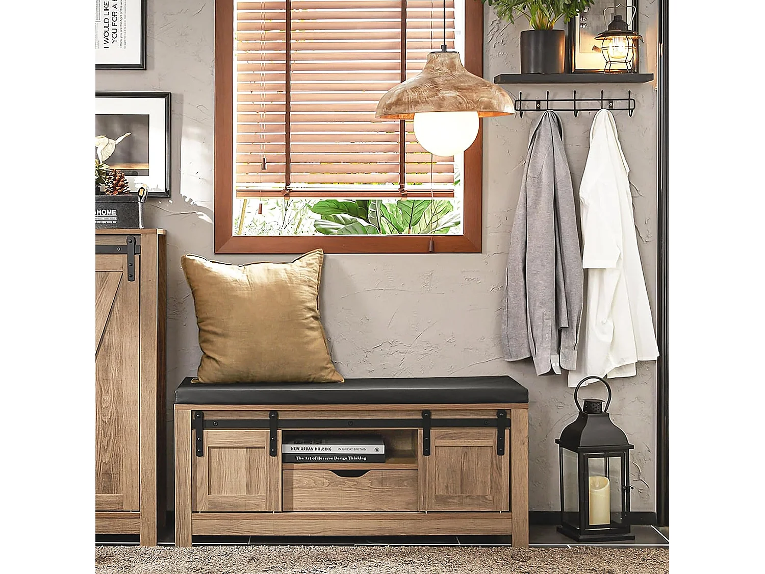 SoBuy FSR118-BR Schoenenbank met schuifdeuren kistbank zitbank met opbergruimte schoenenrek BHT ca. 100x46x35cm