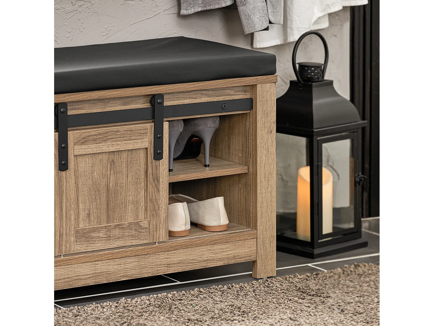 SoBuy FSR118-BR Schoenenbank met schuifdeuren kistbank zitbank met opbergruimte schoenenrek BHT ca. 100x46x35cm