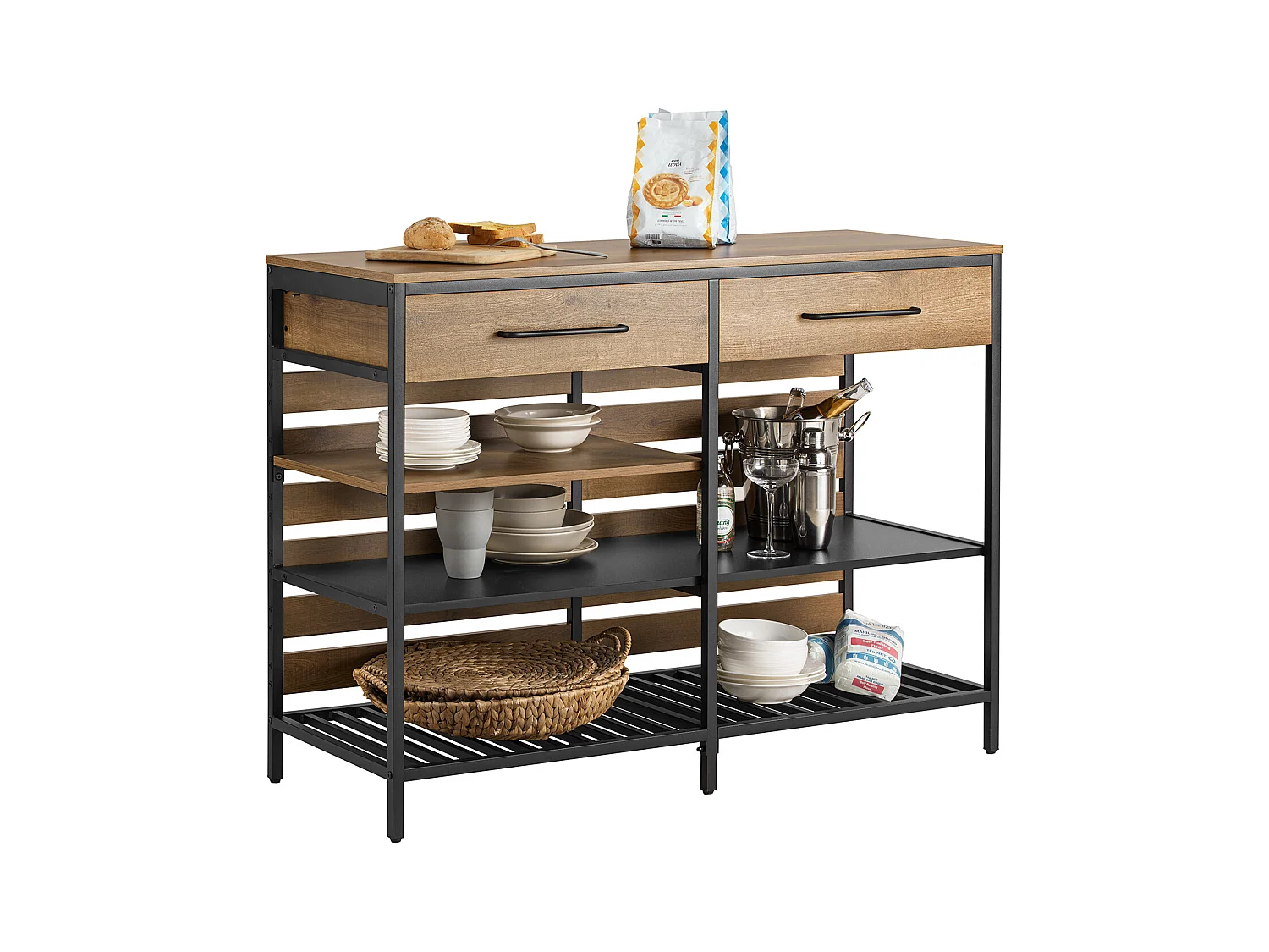 Îlot Central Table de Comptoir avec 2 Tiroirs et 3 Étagères, Meuble de Rangement de Cuisine 120 x 45 x 91 cm Cadre en Acier Stable  FSB85-PF