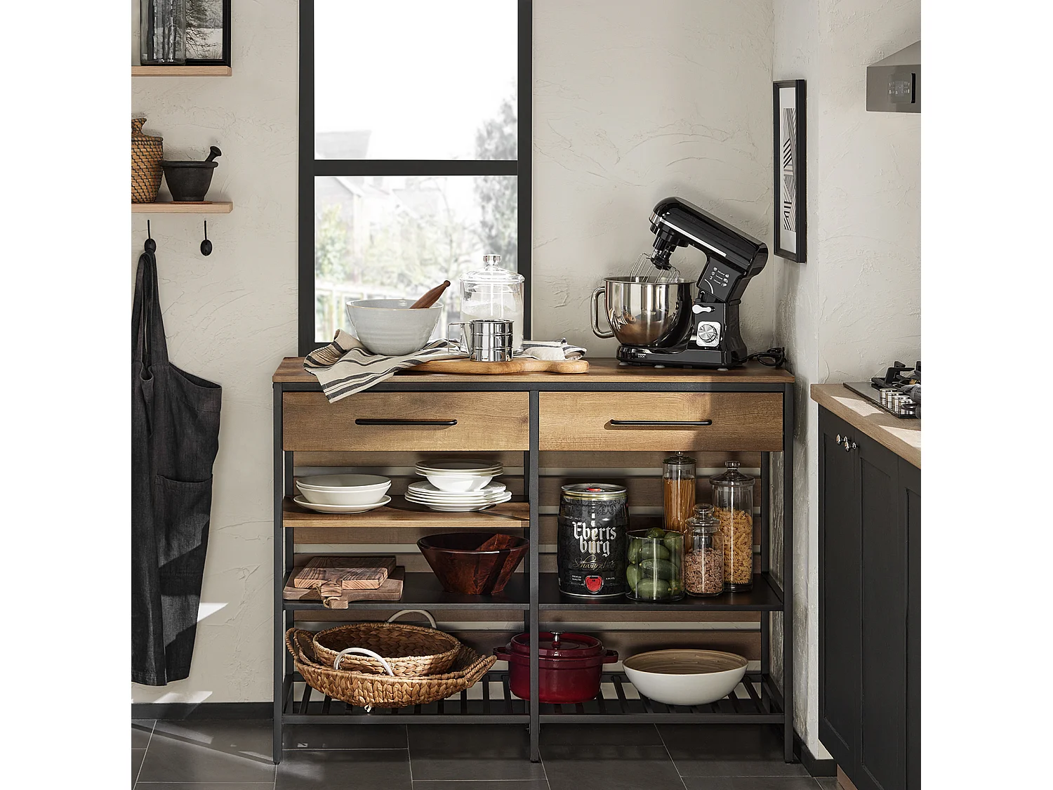 Credenza Isola Cucina Con 1 Cassetto E 5 Ripiani Aperti Cassettiera Credenza Ingresso Tavolo Bar Multifunzionale Stile Vintage 120x45x91cm FSB85-PF SoBuy