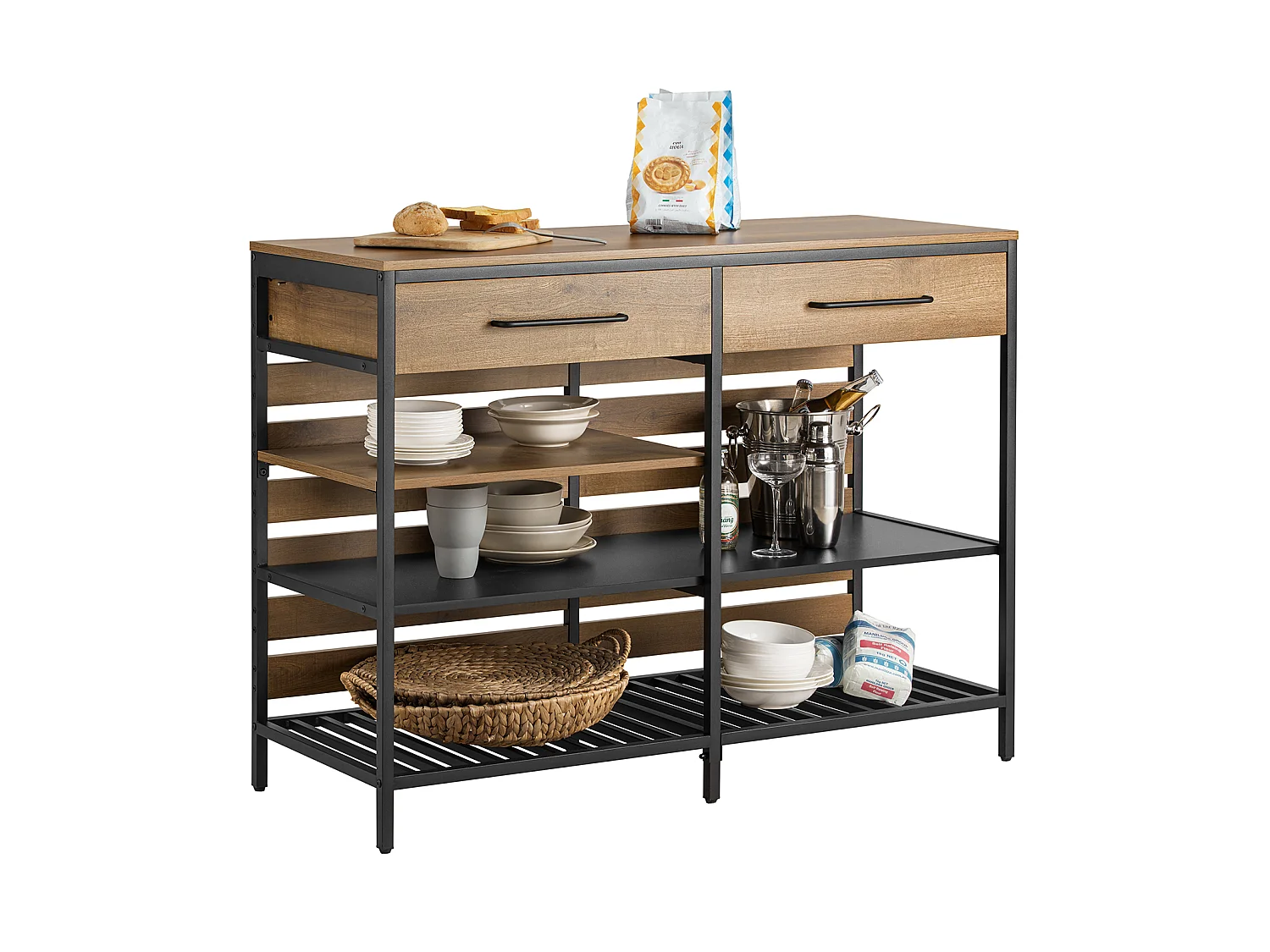 Credenza Isola Cucina Con 1 Cassetto E 5 Ripiani Aperti Cassettiera Credenza Ingresso Tavolo Bar Multifunzionale Stile Vintage 120x45x91cm FSB85-PF SoBuy