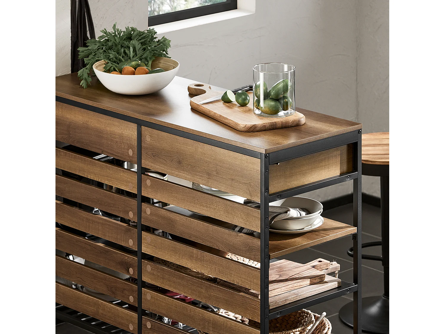 Credenza Isola Cucina Con 1 Cassetto E 5 Ripiani Aperti Cassettiera Credenza Ingresso Tavolo Bar Multifunzionale Stile Vintage 120x45x91cm FSB85-PF SoBuy