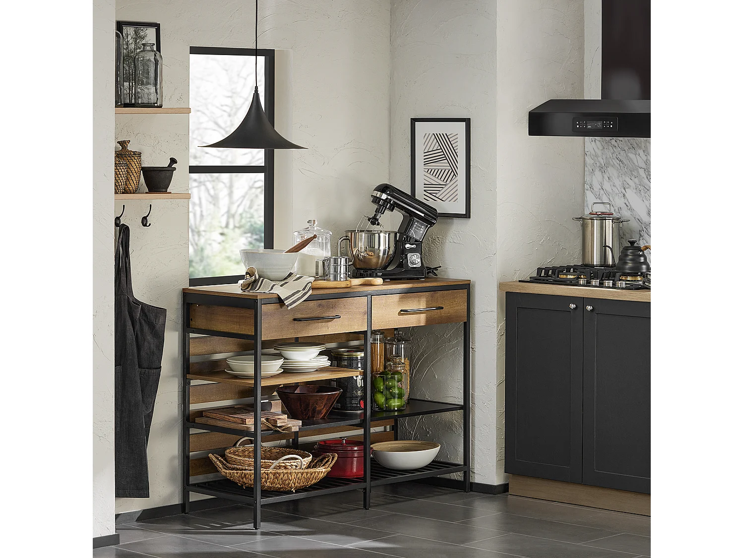 Credenza Isola Cucina Con 1 Cassetto E 5 Ripiani Aperti Cassettiera Credenza Ingresso Tavolo Bar Multifunzionale Stile Vintage 120x45x91cm FSB85-PF SoBuy
