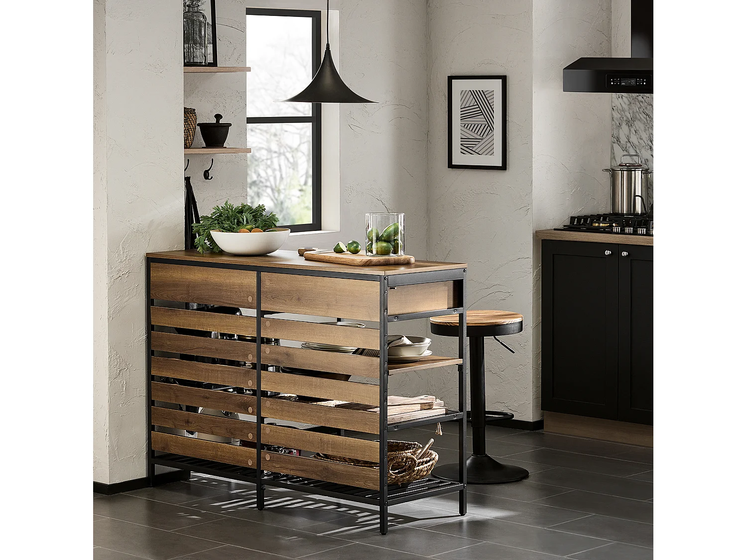 Credenza Isola Cucina Con 1 Cassetto E 5 Ripiani Aperti Cassettiera Credenza Ingresso Tavolo Bar Multifunzionale Stile Vintage 120x45x91cm FSB85-PF SoBuy