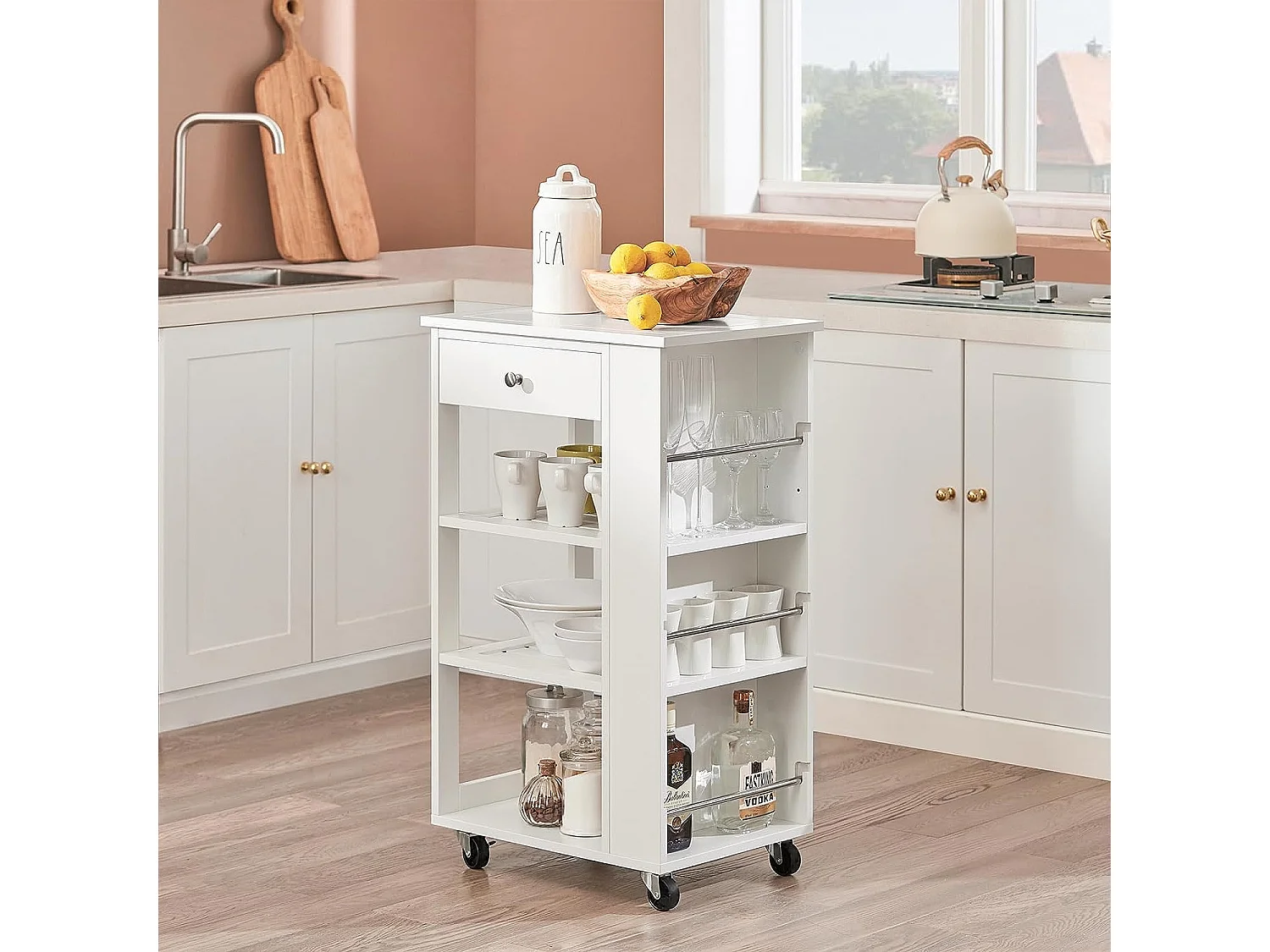 Chariot de Service Desserte de Cuisine à roulettes Table Roulante Meuble de Rangement, FKW12-II-W