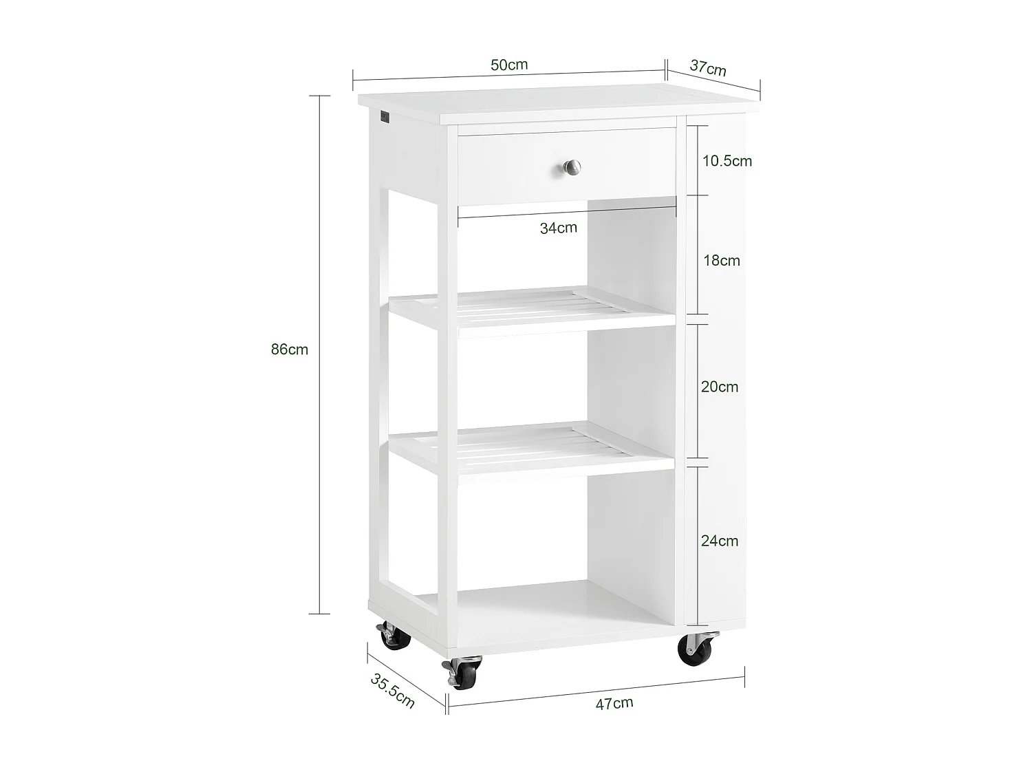 Chariot de Service Desserte de Cuisine à roulettes Table Roulante Meuble de Rangement, FKW12-II-W