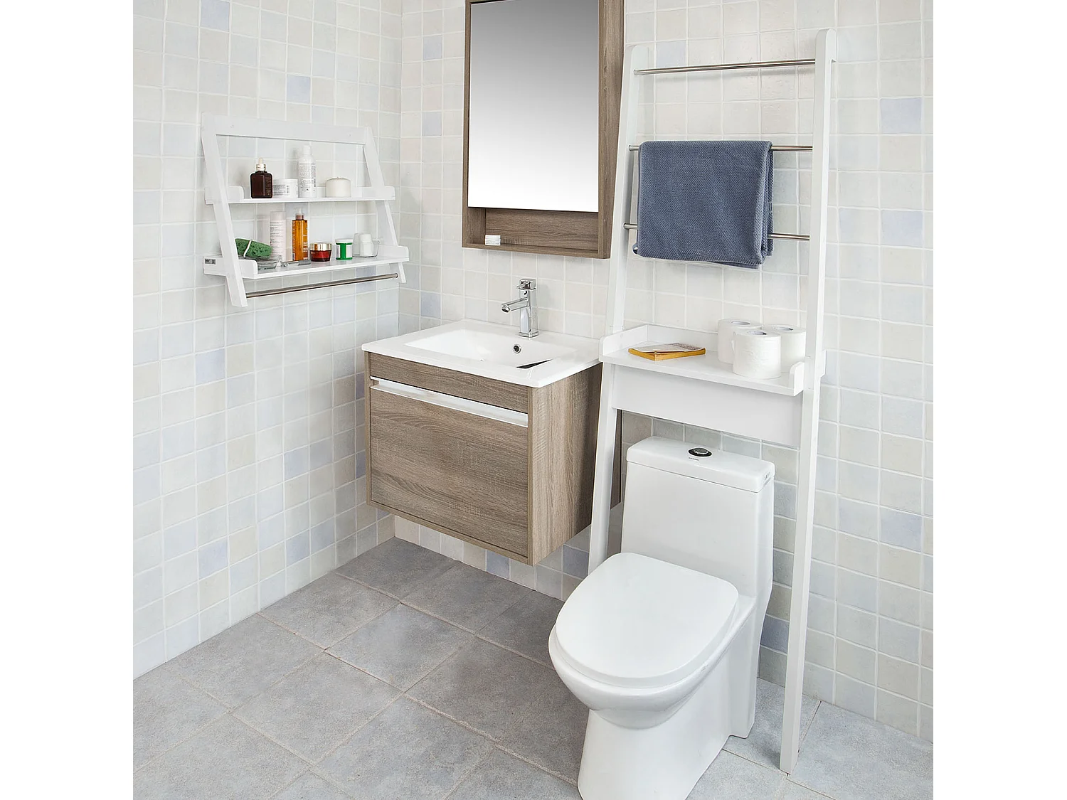 Etagère murale Porte-serviettes salle de bain toilettes avec 2 tablettes et 1 barre, FRG117-W