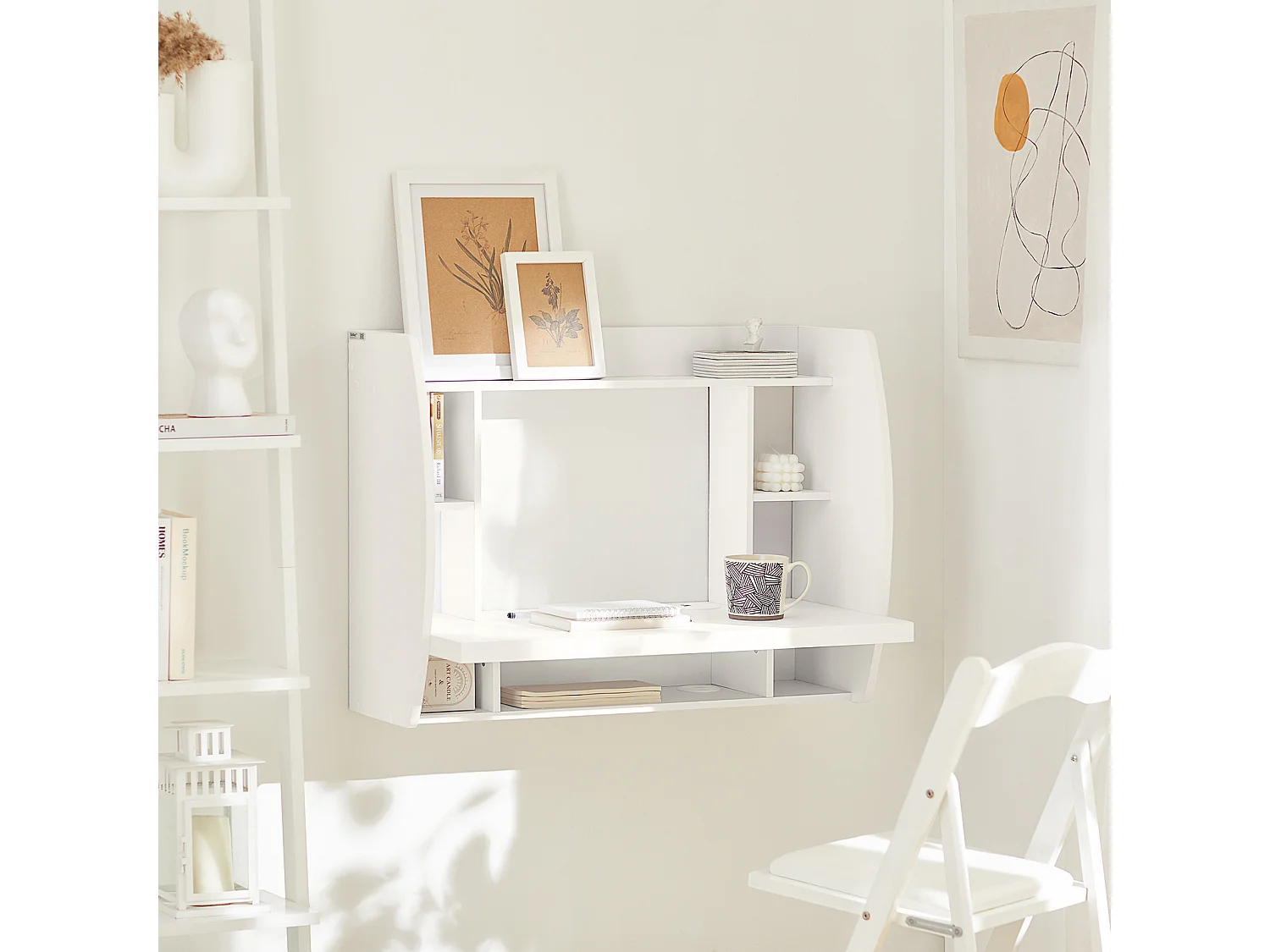 Table murale Bureau avec Étagère intégrée Armoire de rangement murale (Blanc), FWT18-W