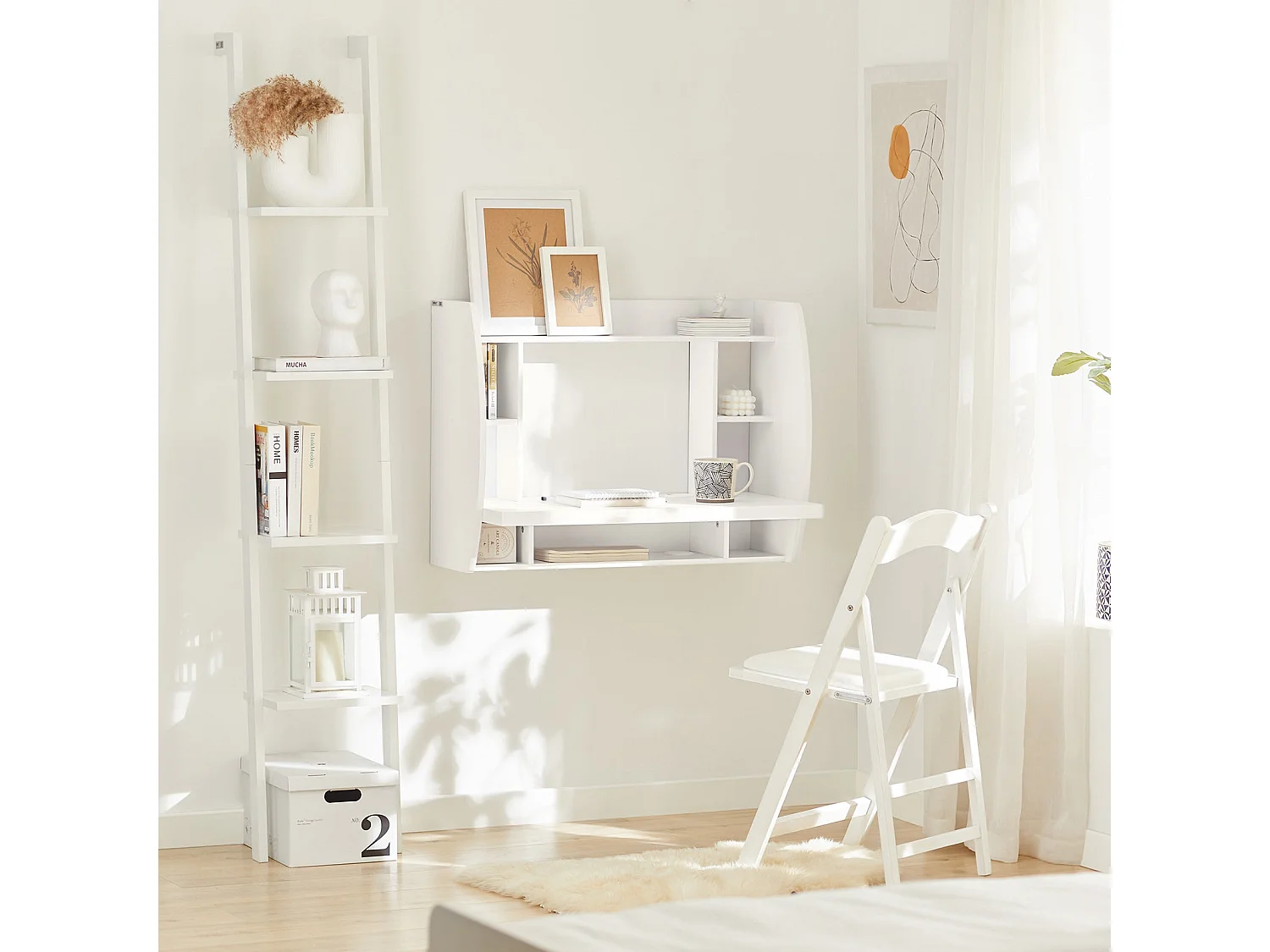 Table murale Bureau avec Étagère intégrée Armoire de rangement murale (Blanc), FWT18-W