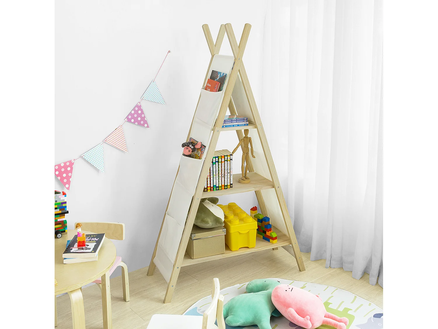 Bibliothèque Étagère sur Pieds pour Enfants avec 3 étages et 6 Pochettes latéralaux, KMB30-WN