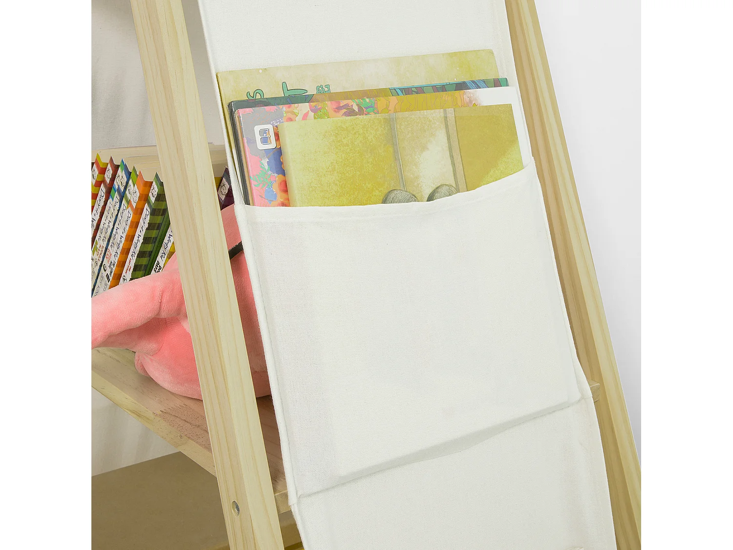 Bibliothèque Étagère sur Pieds pour Enfants avec 3 étages et 6 Pochettes latéralaux, KMB30-WN