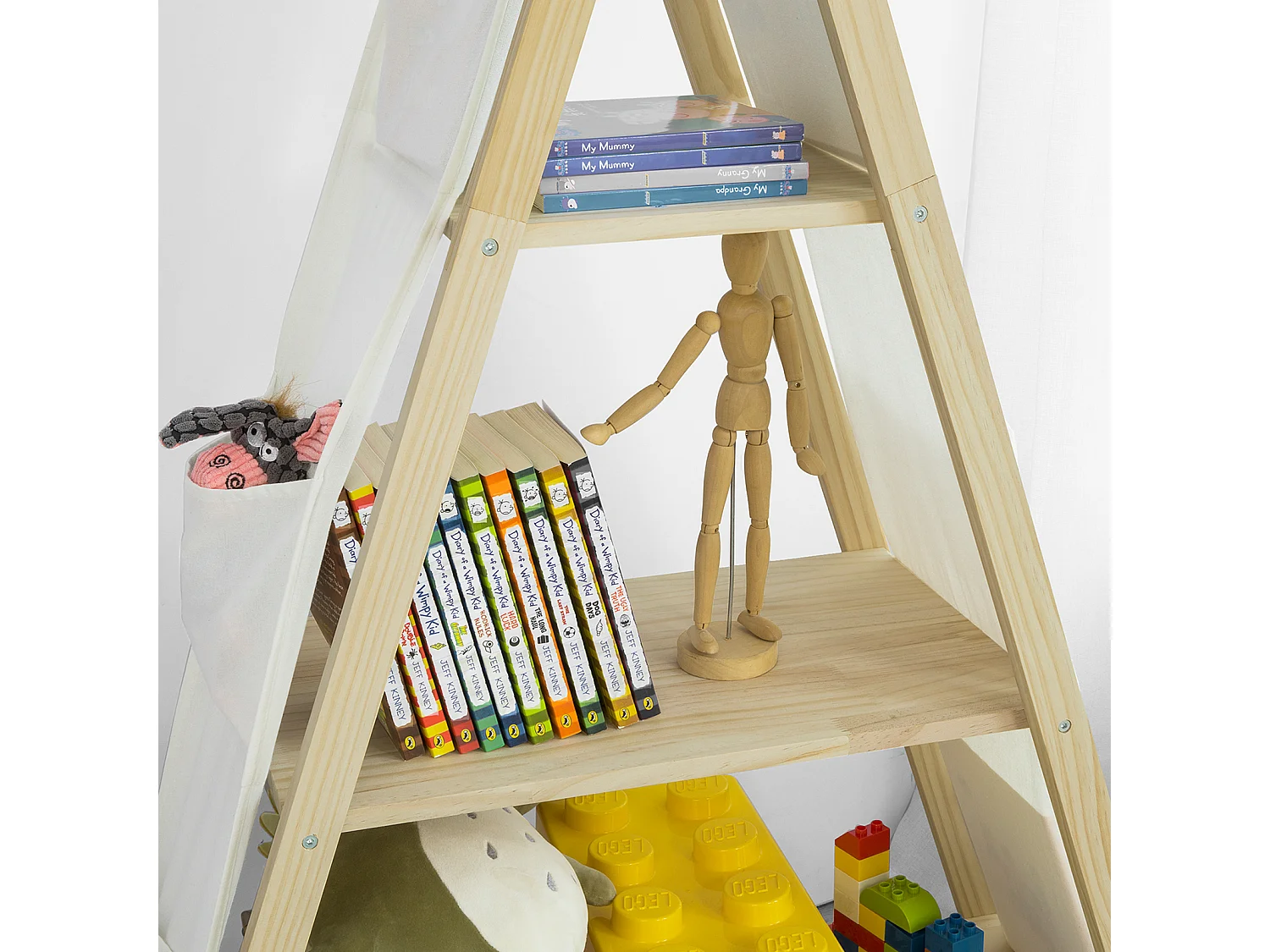 Bibliothèque Étagère sur Pieds pour Enfants avec 3 étages et 6 Pochettes latéralaux, KMB30-WN