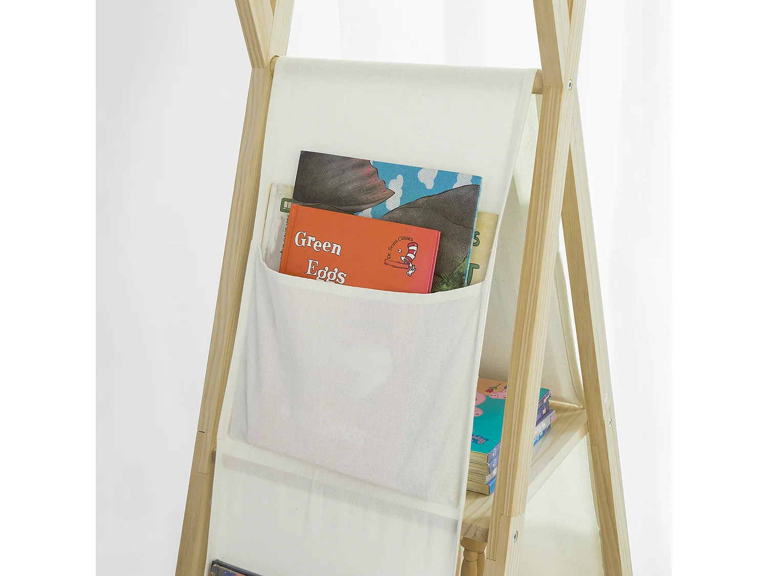 Bibliothèque Étagère sur Pieds pour Enfants avec 3 étages et 6 Pochettes latéralaux, KMB30-WN