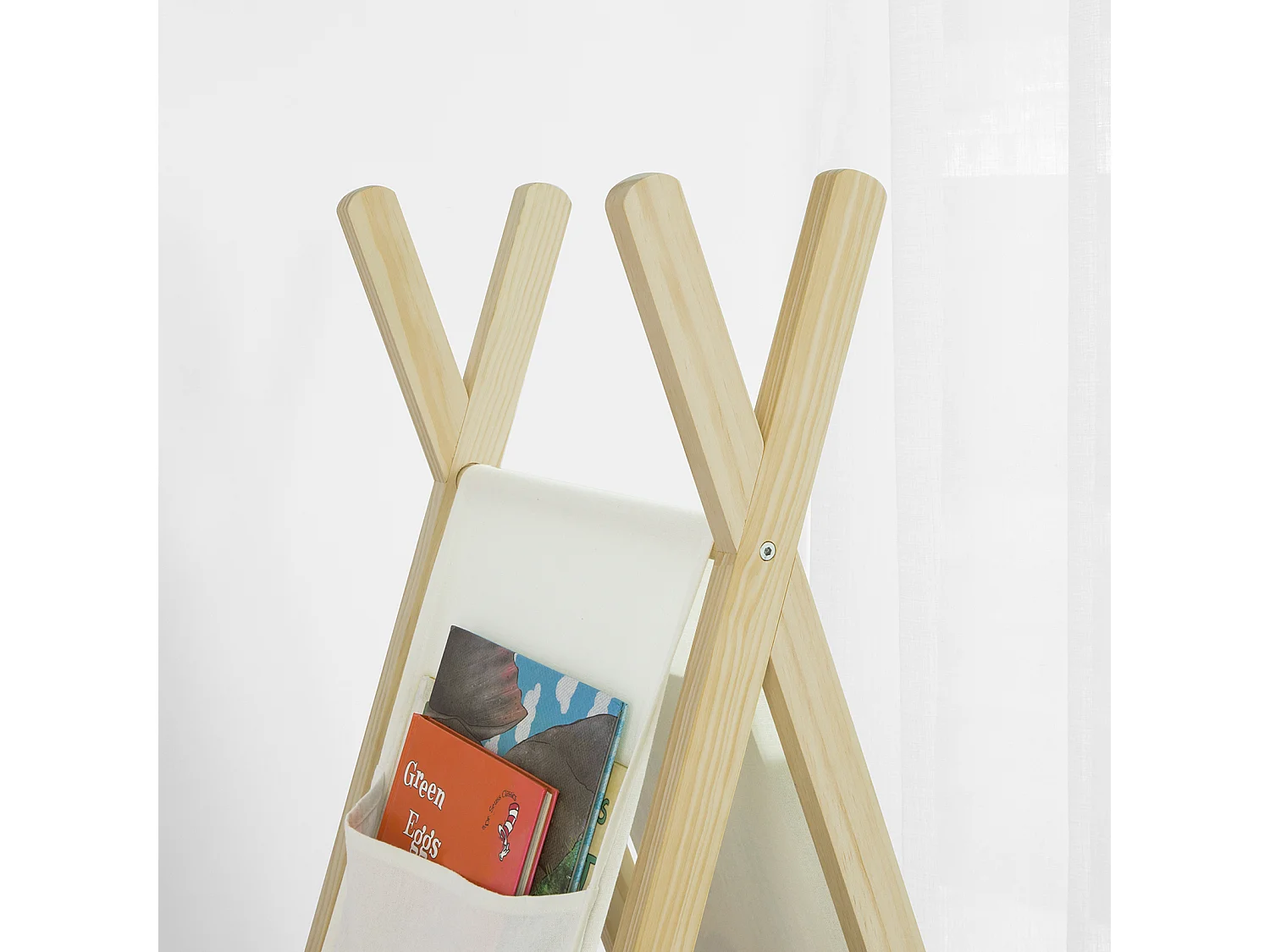 Bibliothèque Étagère sur Pieds pour Enfants avec 3 étages et 6 Pochettes latéralaux, KMB30-WN