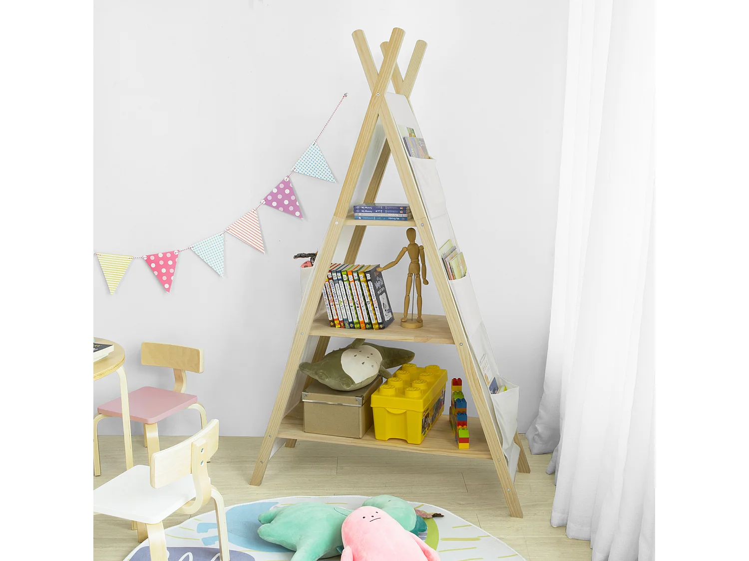 Bibliothèque Étagère sur Pieds pour Enfants avec 3 étages et 6 Pochettes latéralaux, KMB30-WN