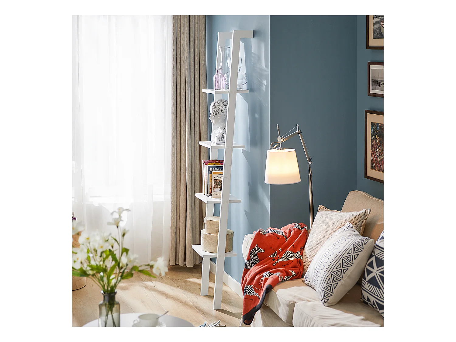 Bibliothèque Étagère murale style échelle, Étagère échelle 4 niveaux- Blanc, FRG15-W