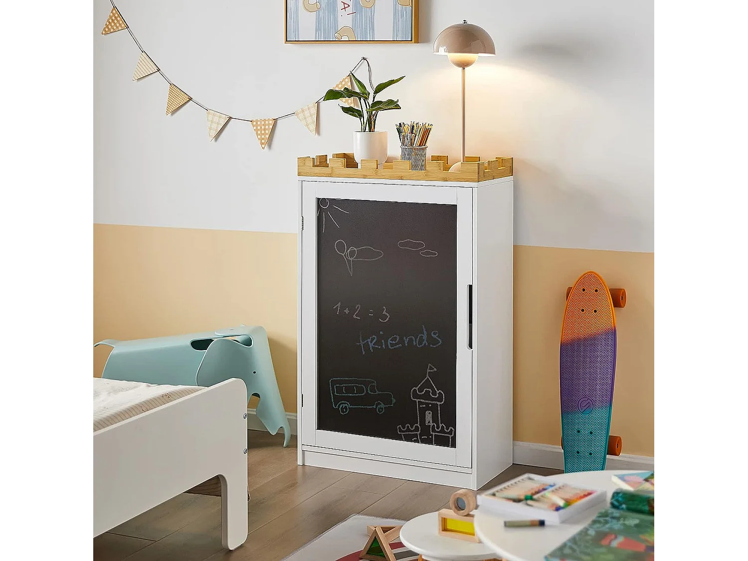 SoBuy KMB43-W Kindercommode Kinderkamerplank met schoolbord Boekenkast Speelgoedplank